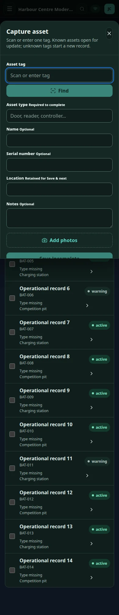 Mobile asset capture workflow