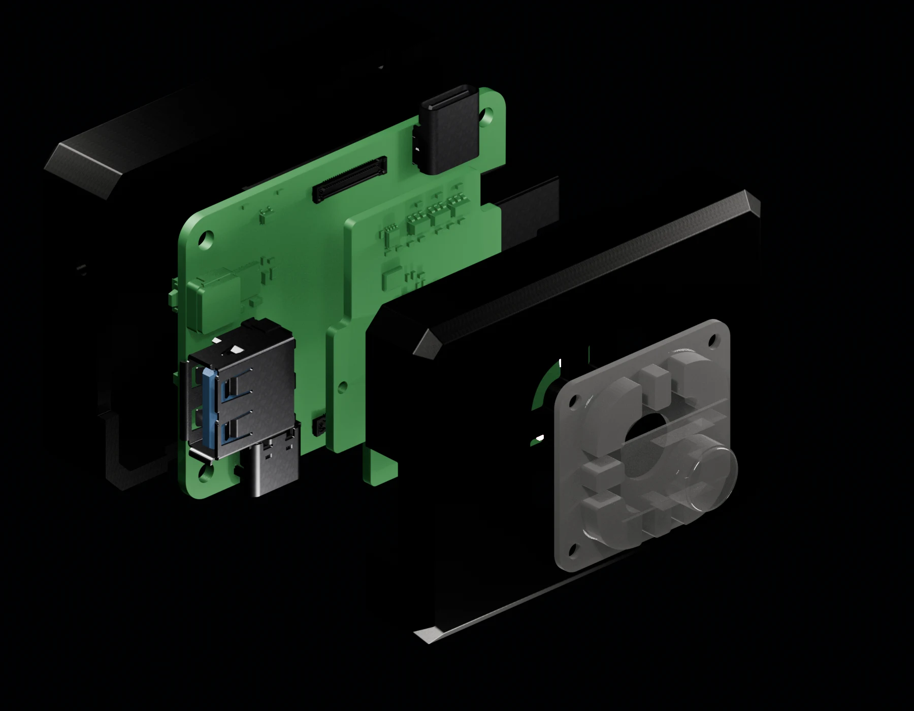 Exploded CAD render of the complete Helios assembly in physical stack order