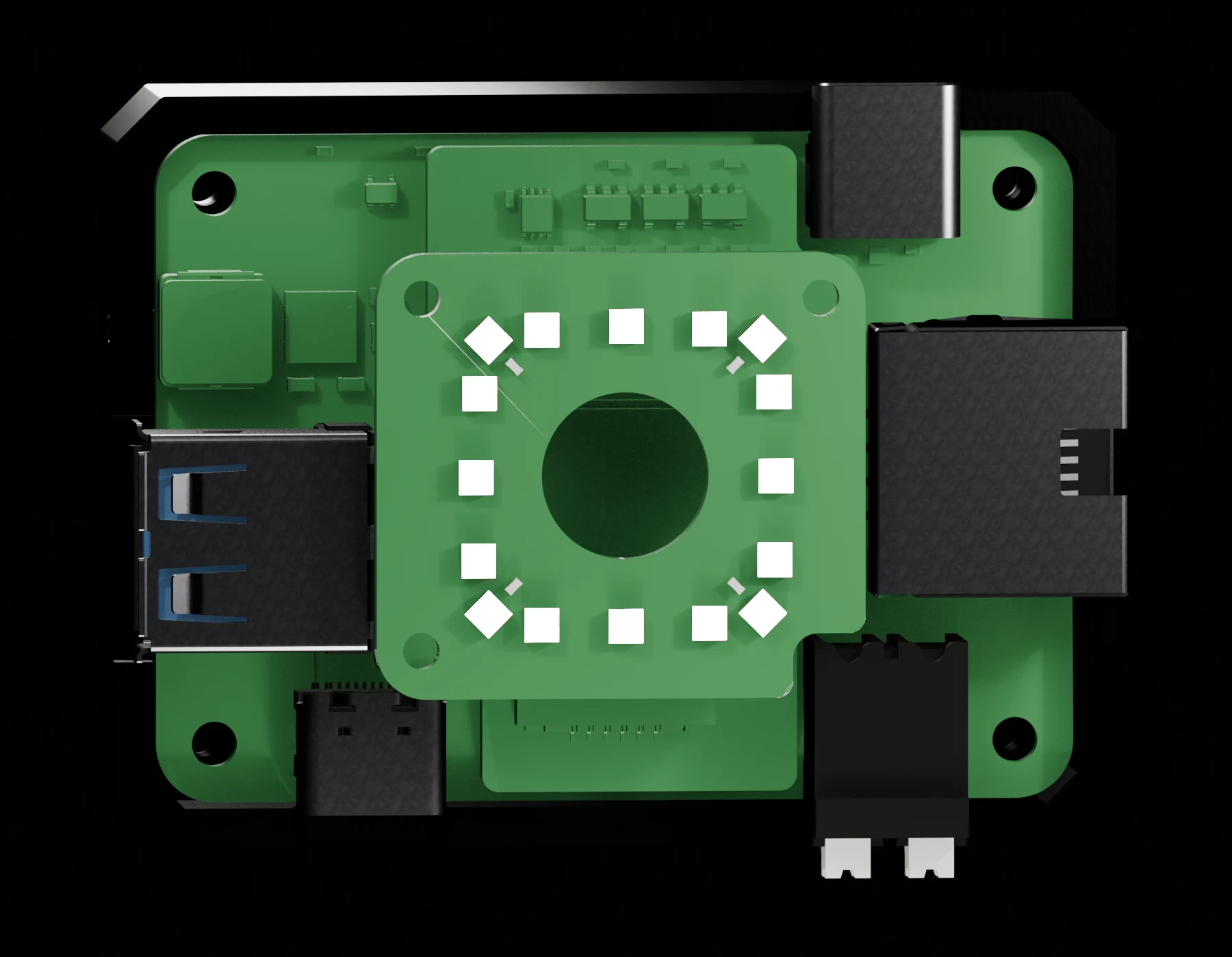 Shell-off CAD view of the Helios internal PCB and connector arrangement