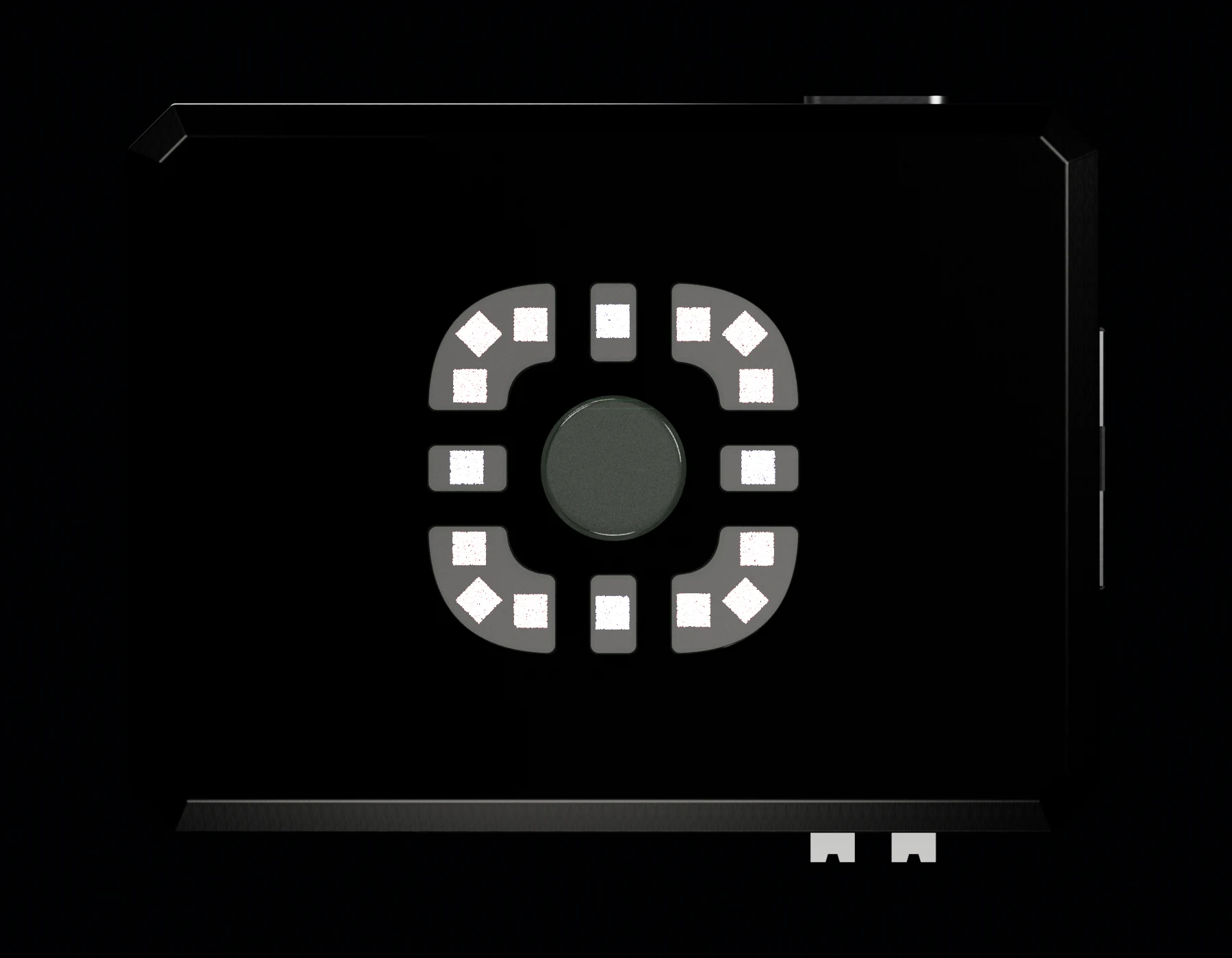 Front orthographic CAD render of the authored Helios assembly
